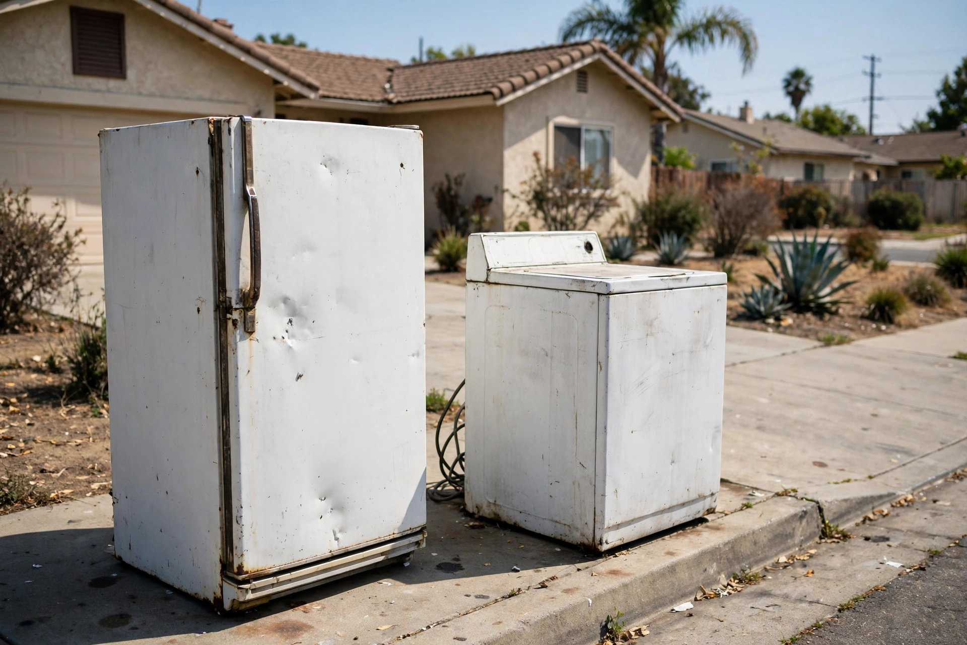 An old refrigerator and washing machine placed outside for removal.