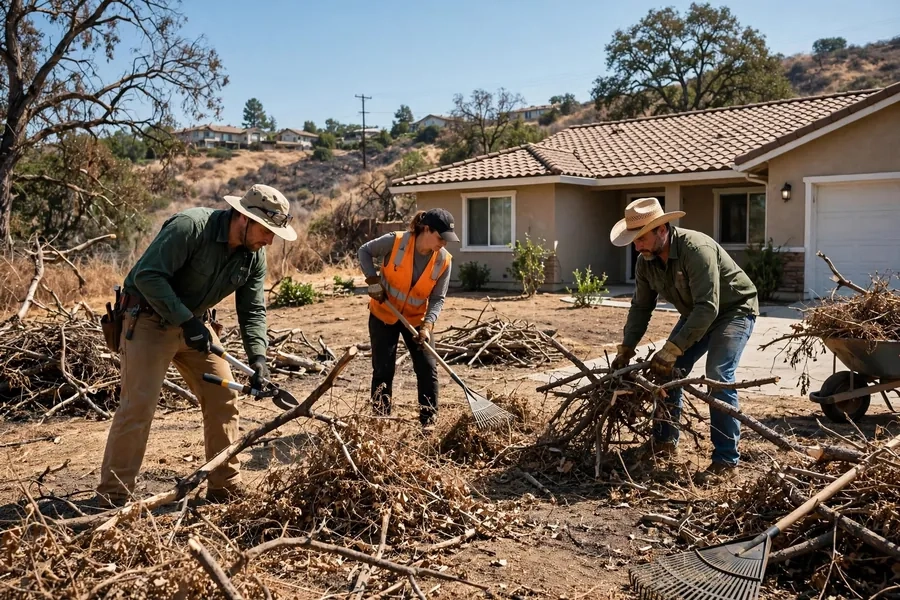 Three workers clearing brush and branches from a residential yard.