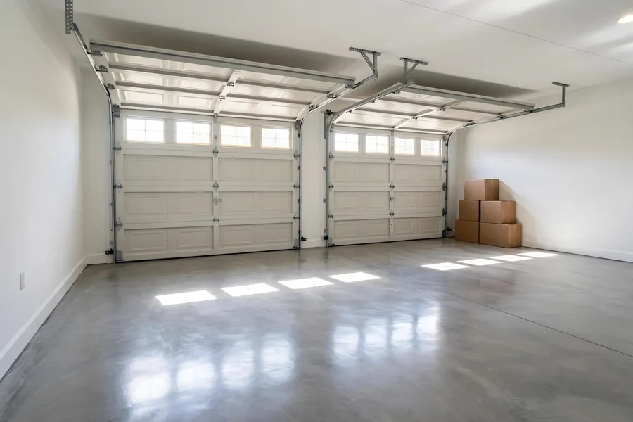 An empty two-car garage with a clean floor and a few boxes near the wall.