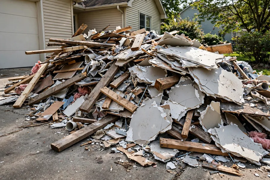 A pile of renovation debris with broken drywall, lumber, and other materials.