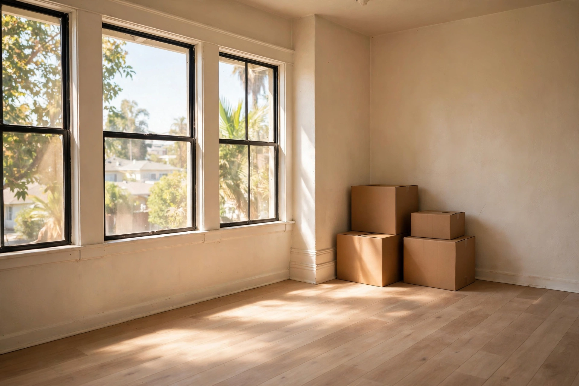 A mostly empty room with a few moving boxes beside the windows.