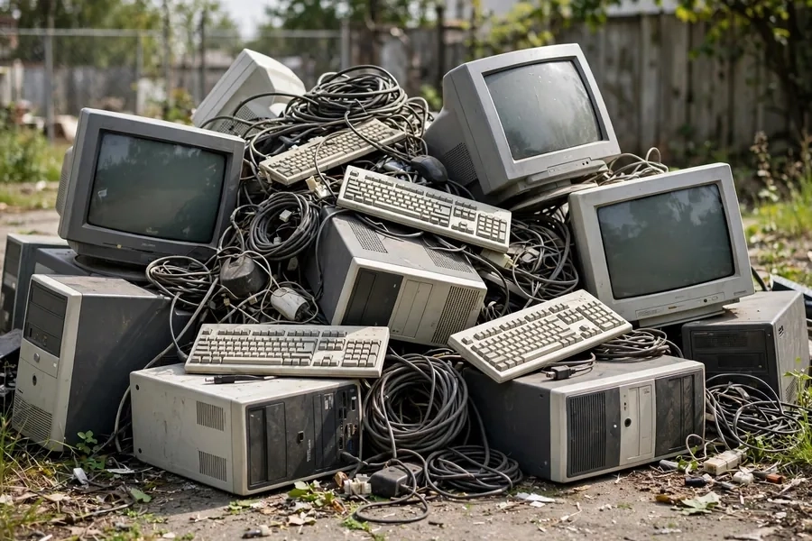 Discarded desktop computers, CRT monitors, keyboards, and cables.
