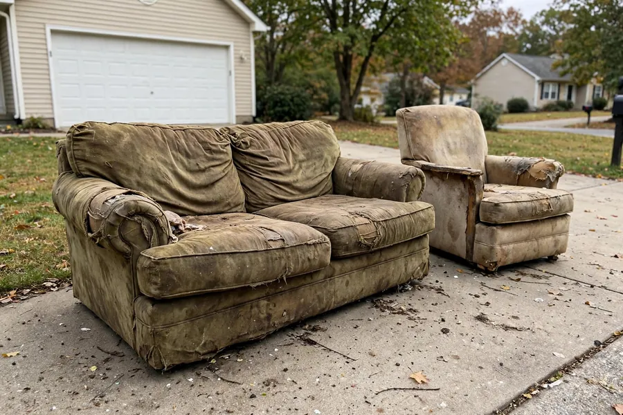 A worn sofa and armchair set on a driveway before removal.