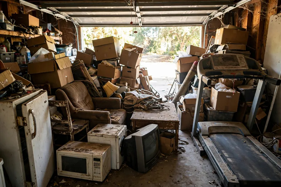 A crowded garage filled with boxes, old furniture, and appliances.