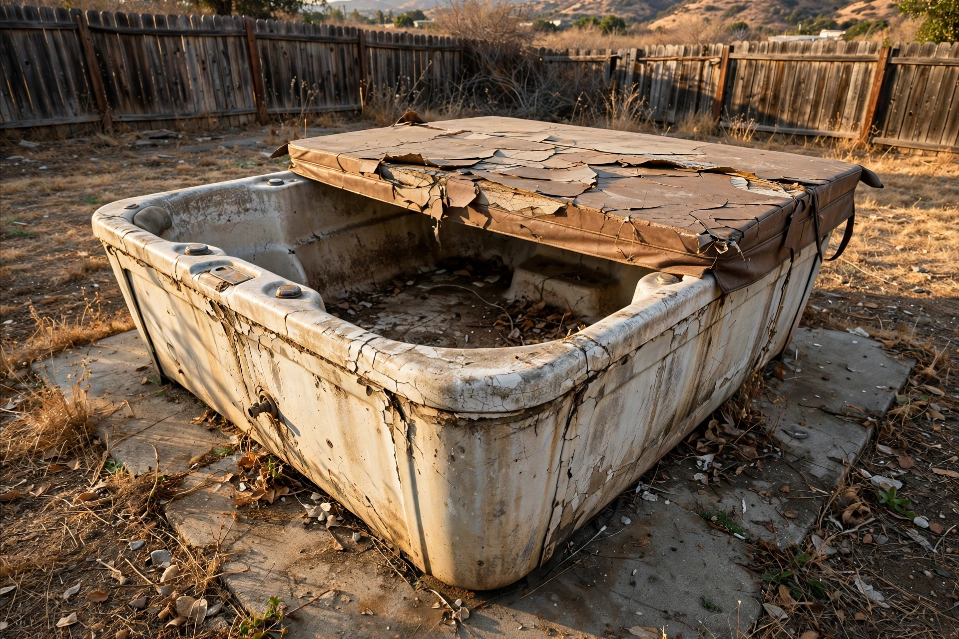 An old, cracked hot tub sitting in a dry residential backyard.