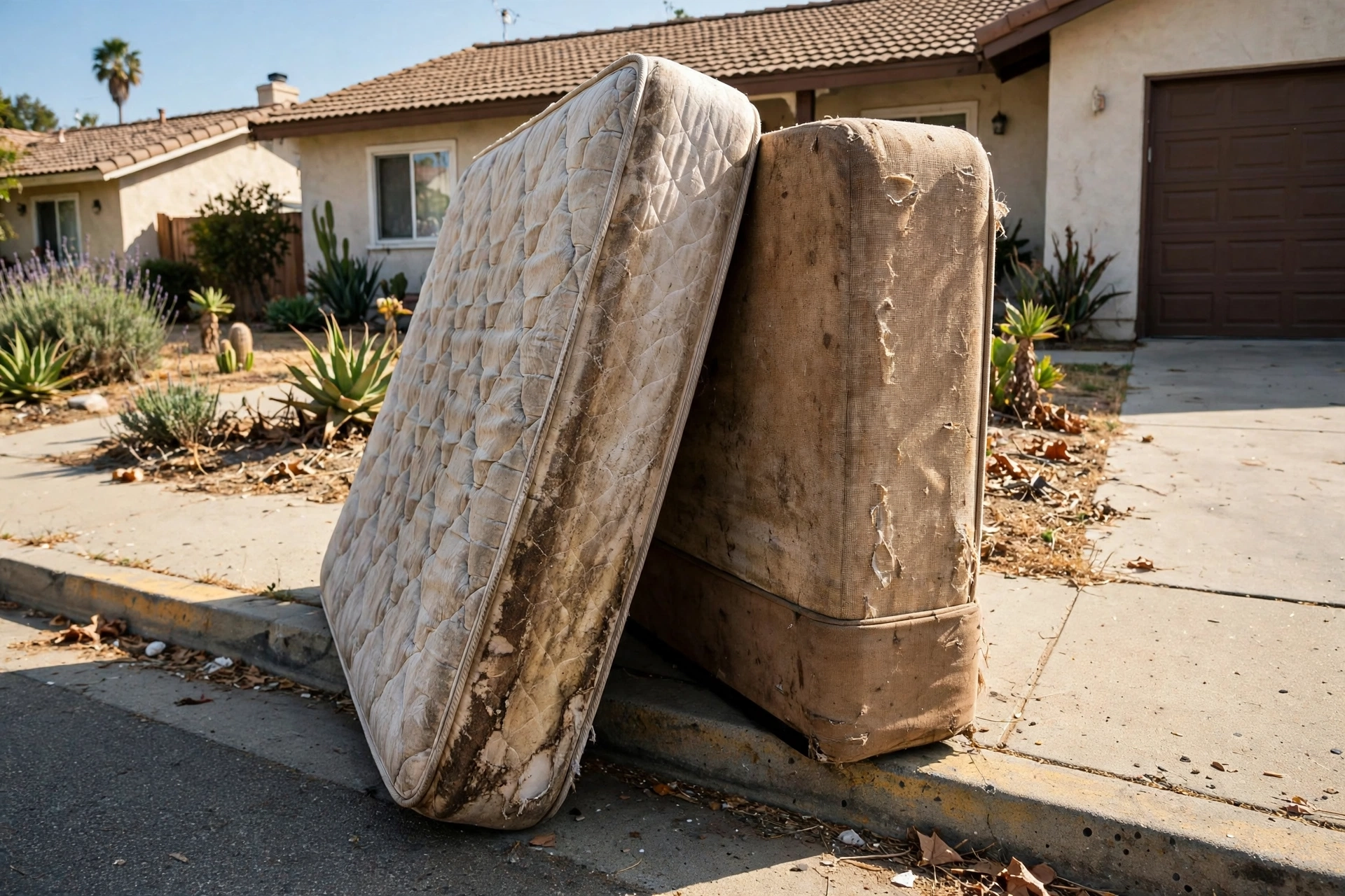 Two worn mattresses leaning at the curb outside a single-story home.