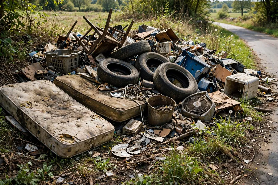 A roadside pile of dumped tires, a mattress, scrap, and household waste.