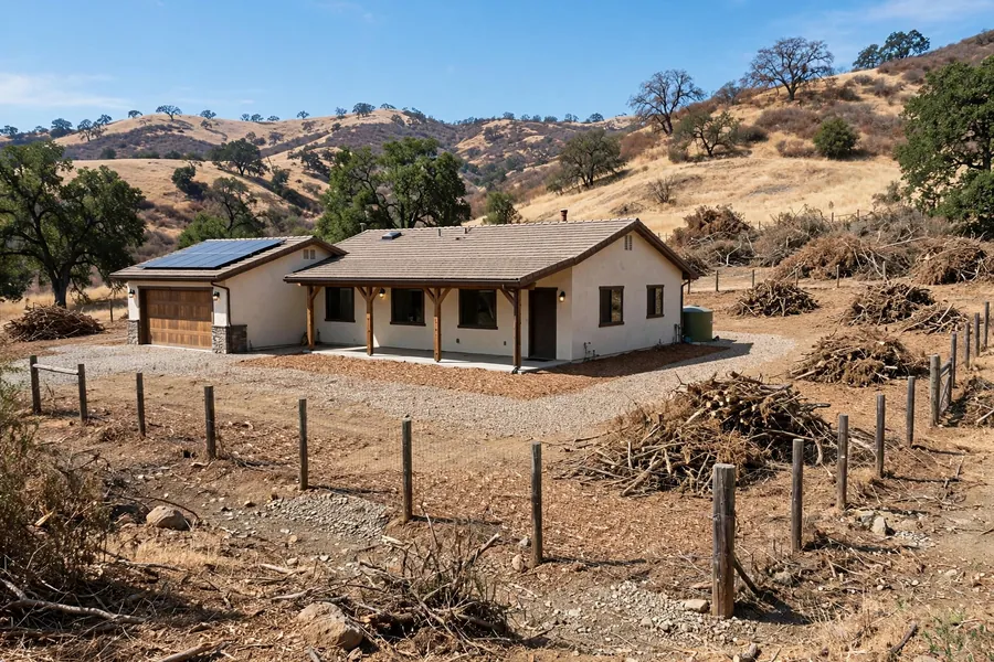 A home beside dry hills with brush piles on the surrounding property.