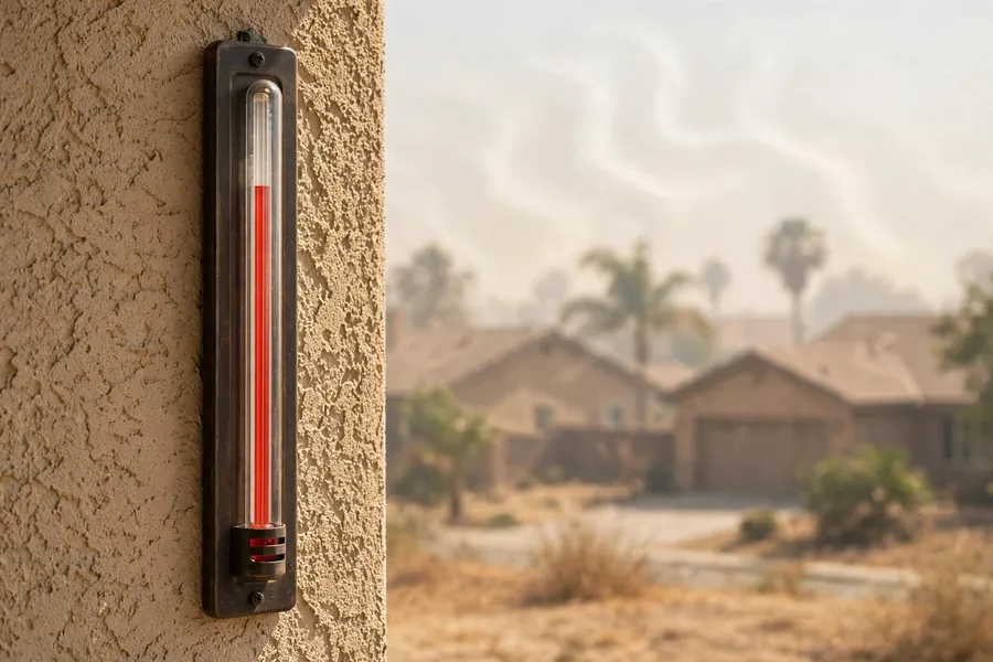 A wall-mounted thermometer showing hot weather outside a home.