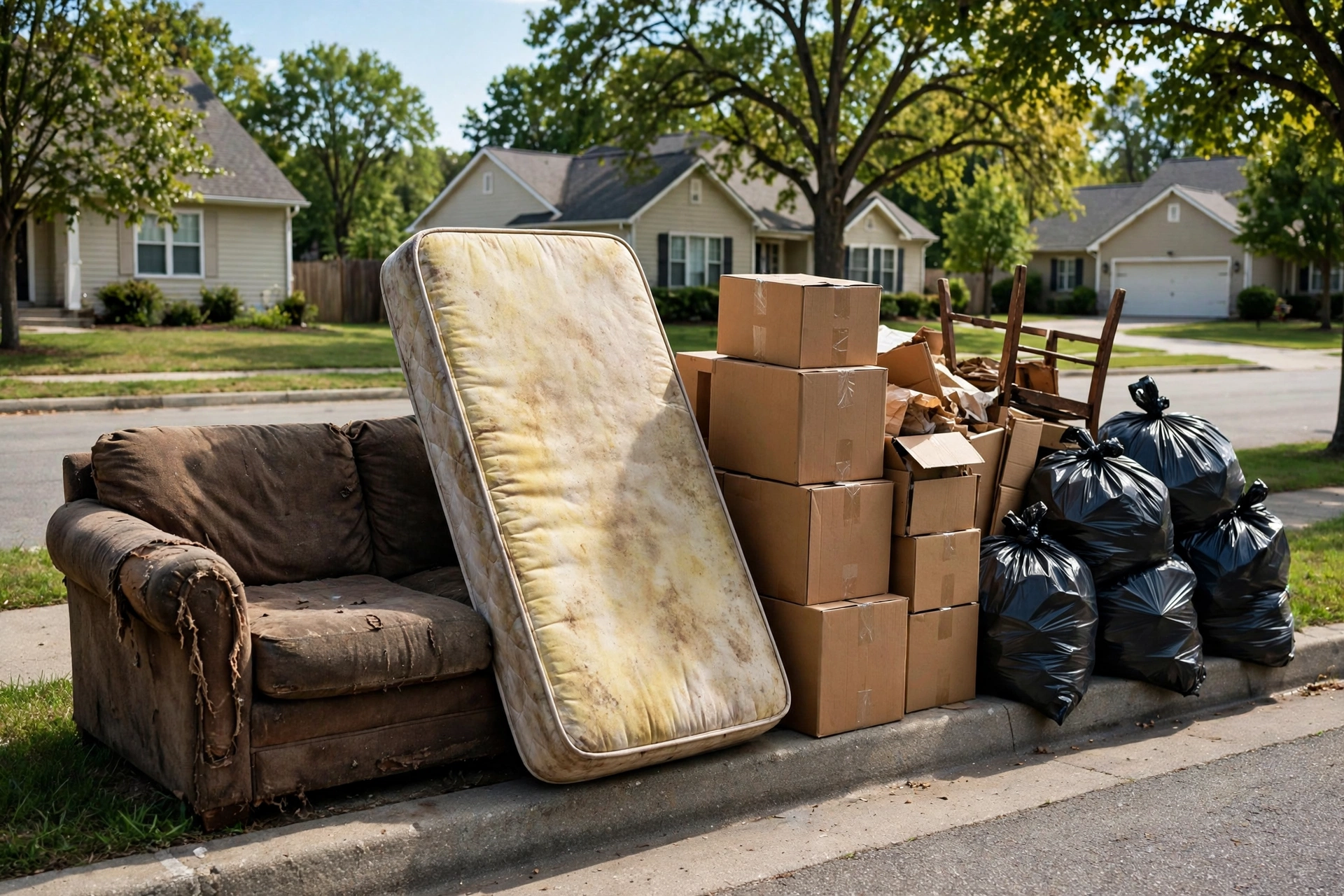 A curbside pile of a worn couch, mattress, boxes, chairs, and bags ready for pickup.