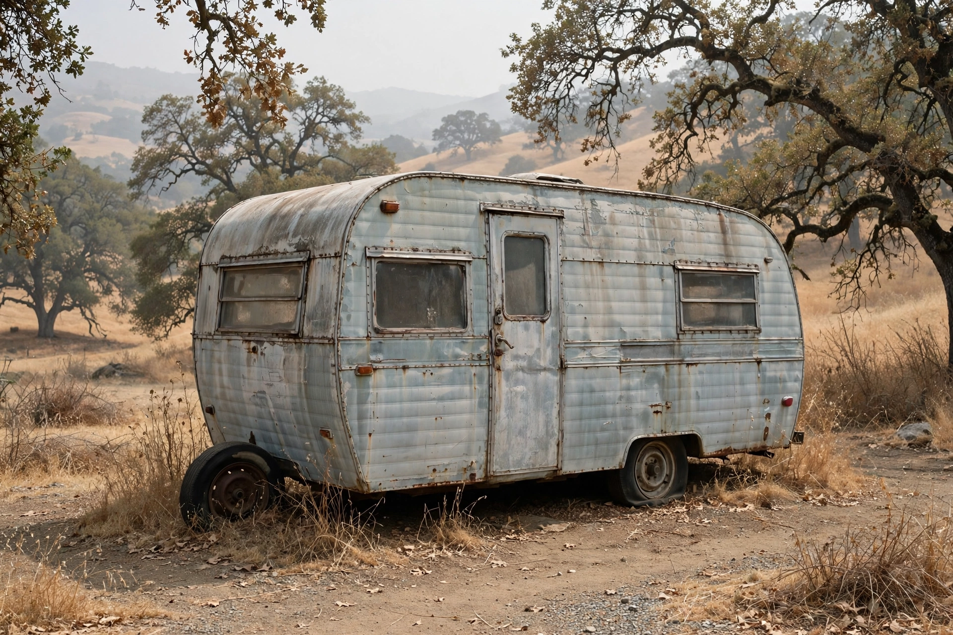 A weathered travel trailer parked in dry grass beneath oak trees.