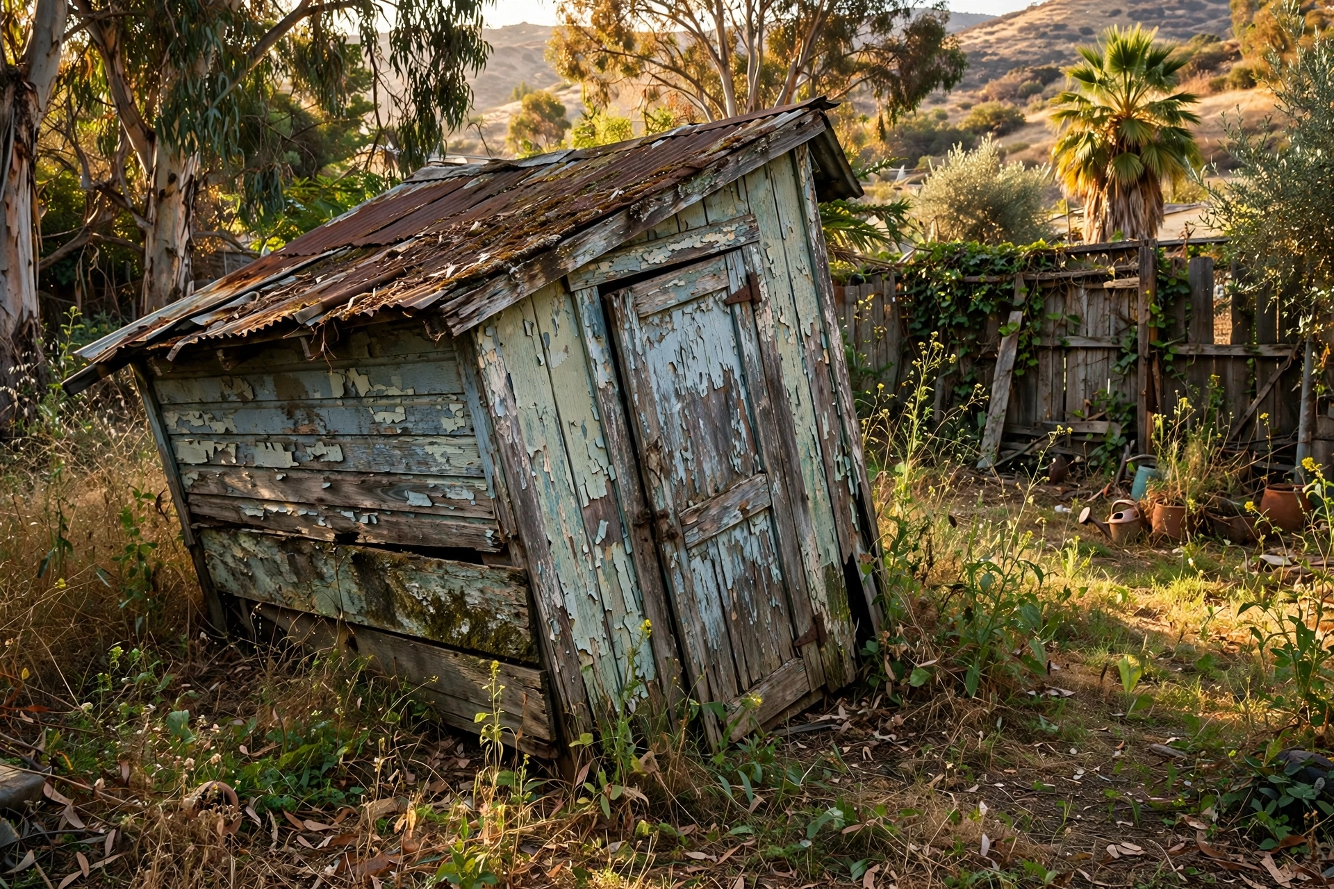A weathered wooden shed surrounded by weeds and overgrowth in a backyard.