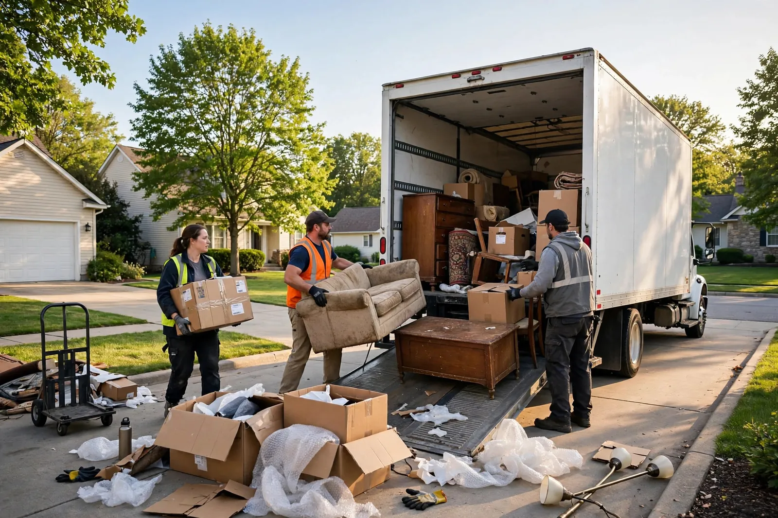 A crew carrying a sofa and boxes toward the open back of a truck.